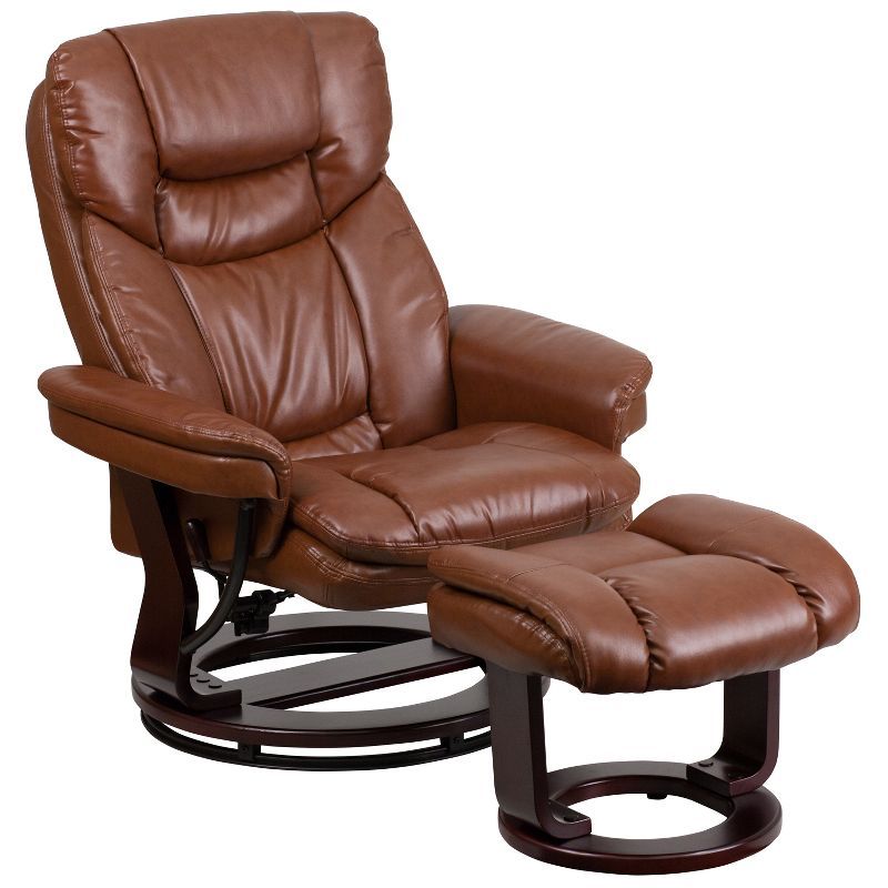 Brown Leather Swivel Recliner with Ottoman and Wood Base