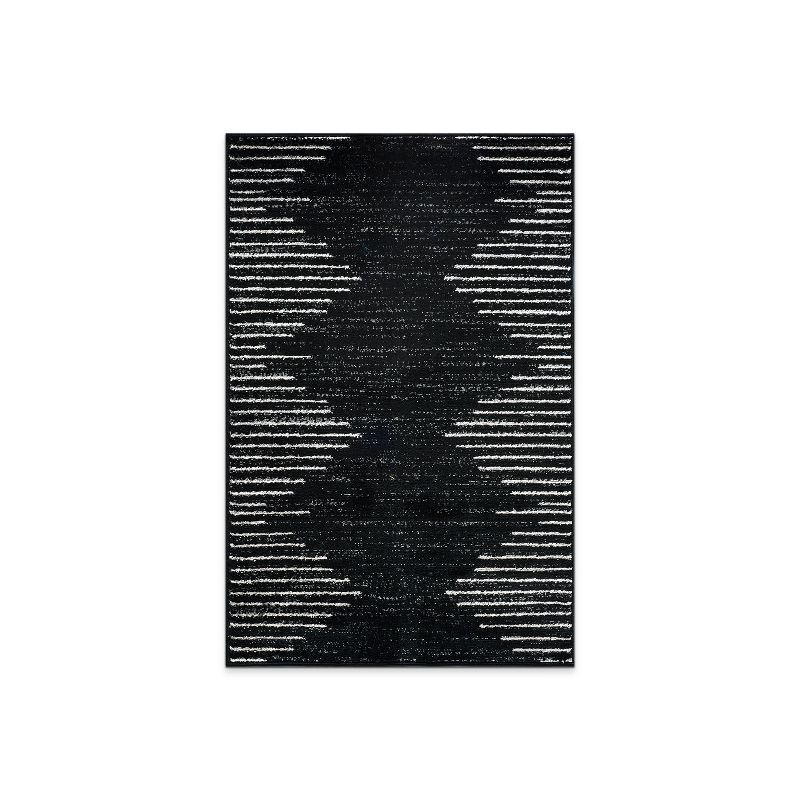 Black and White Geometric Stripe Synthetic Area Rug 2'7" x 4'