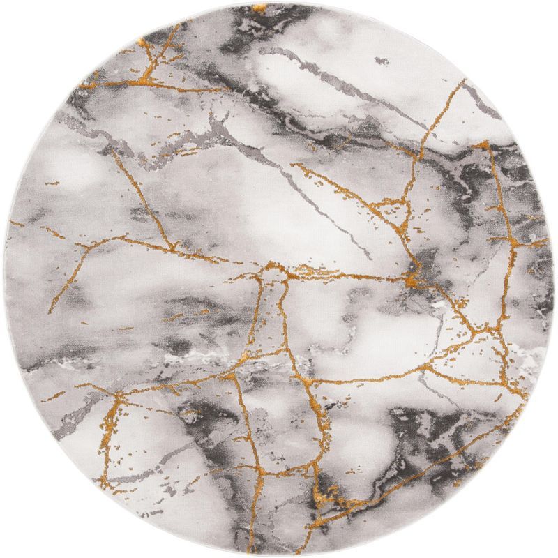 Gray and Gold Round Abstract Synthetic Area Rug