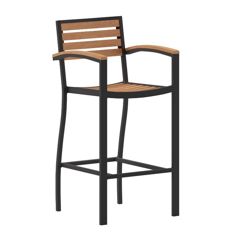 Teak Faux Wood Poly Resin Slatted Bar Height Stool with Aluminum Frame