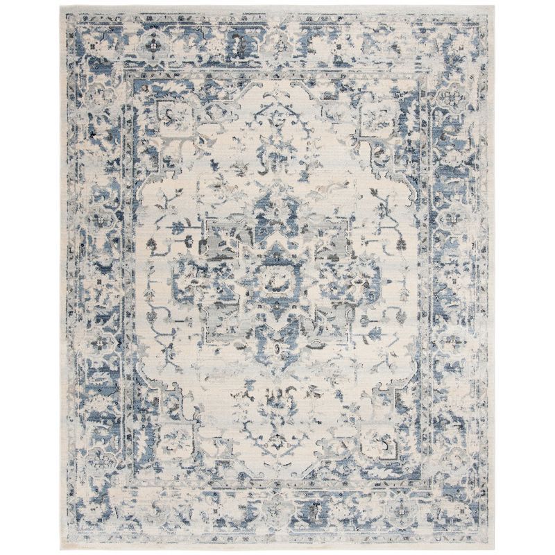 Ivory and Navy 8' x 10' Synthetic Oriental Area Rug