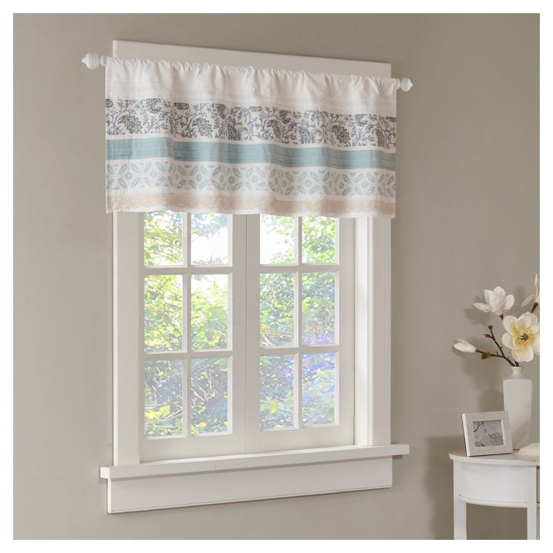 Paisley Aqua and White Cotton Rod Pocket Valance