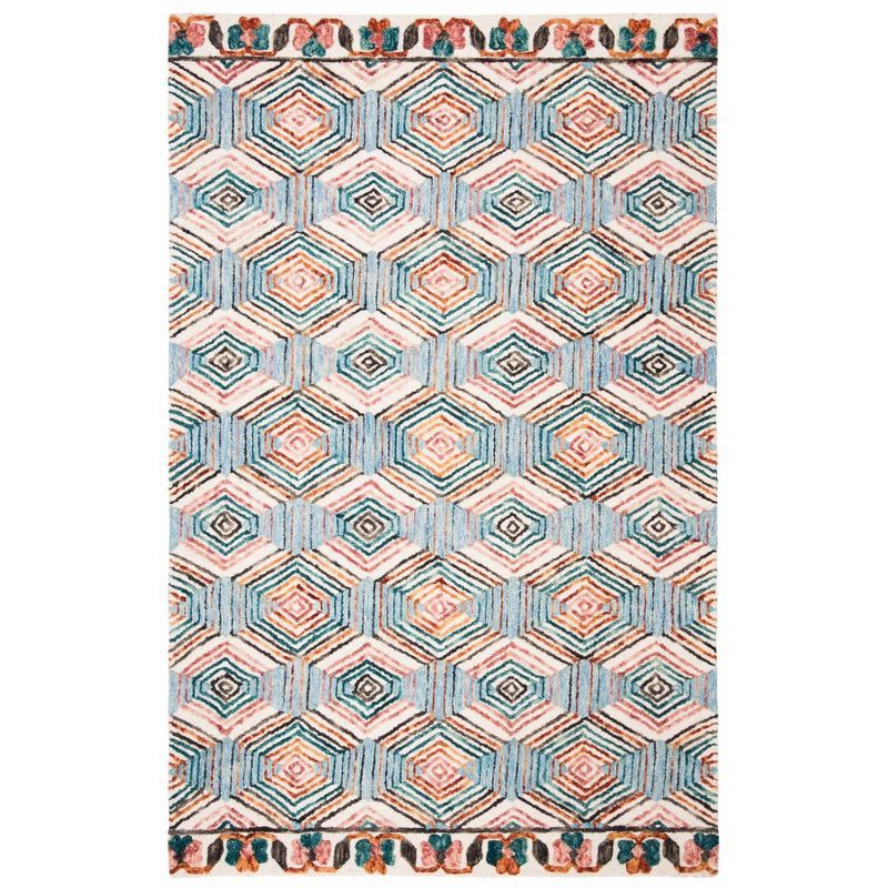 Hand-Tufted Ivory and Light Blue Wool Geometric 4' x 6' Area Rug
