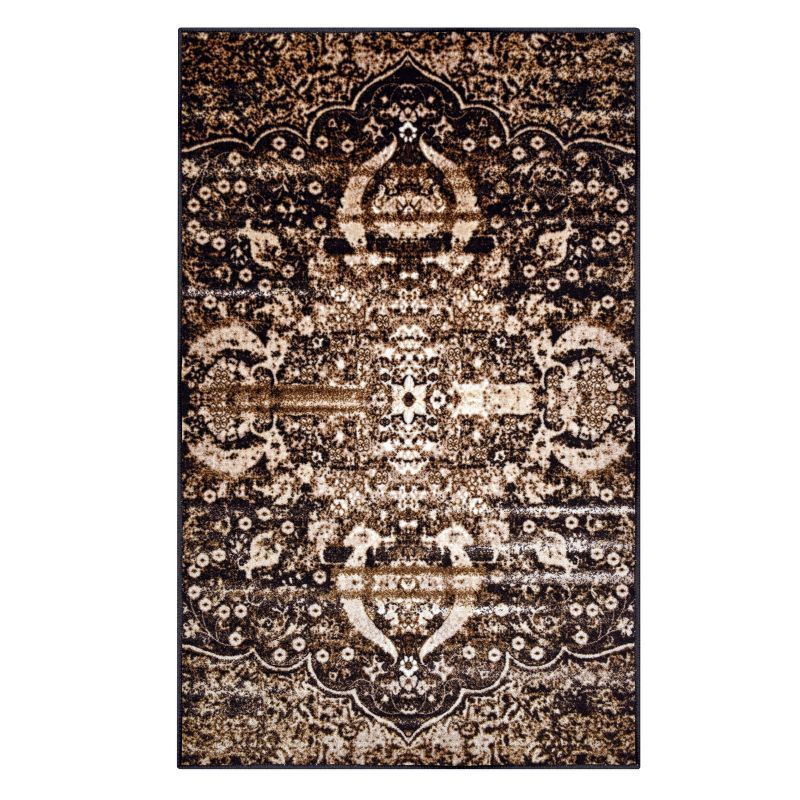 Ivory and Brown Medallion Non-Slip Washable Area Rug