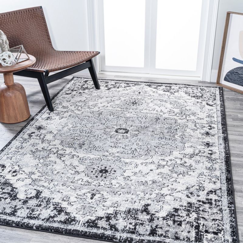 Gray and Black Medallion Synthetic 4' x 6' Area Rug