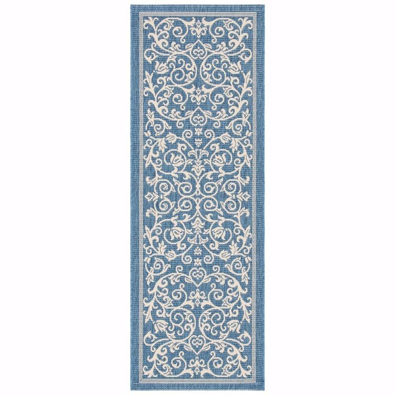 Blue Floral Synthetic Outdoor Runner Rug with Baroque Print