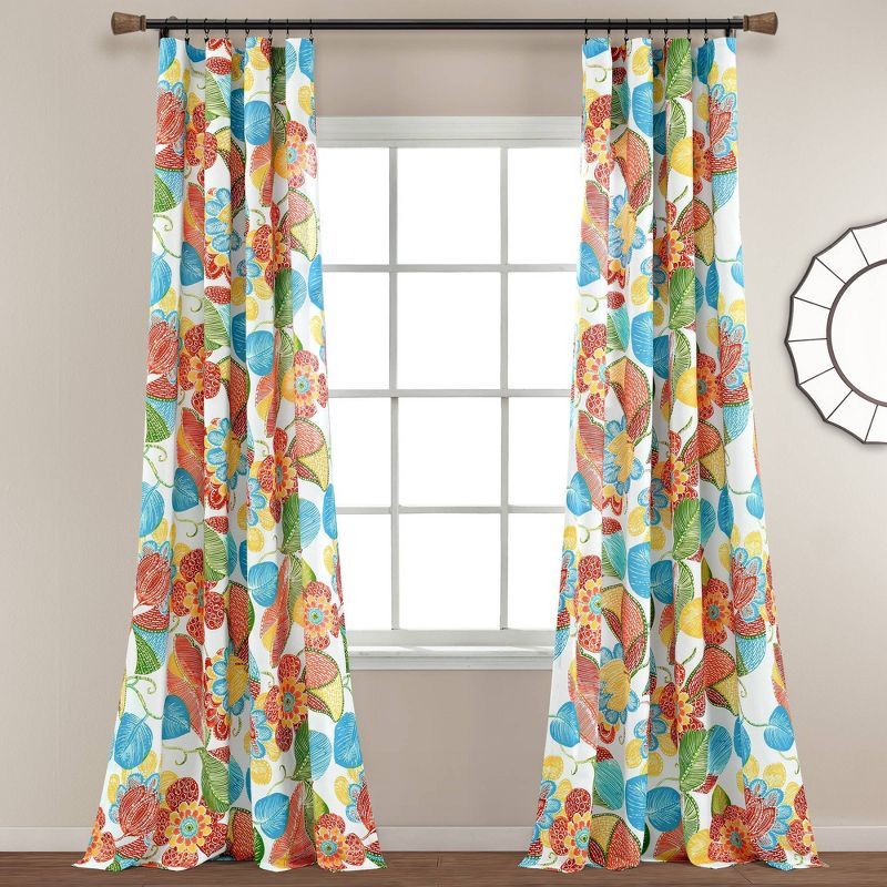 Layla Floral Light-Filtering Blue Polyester Window Curtain Panels