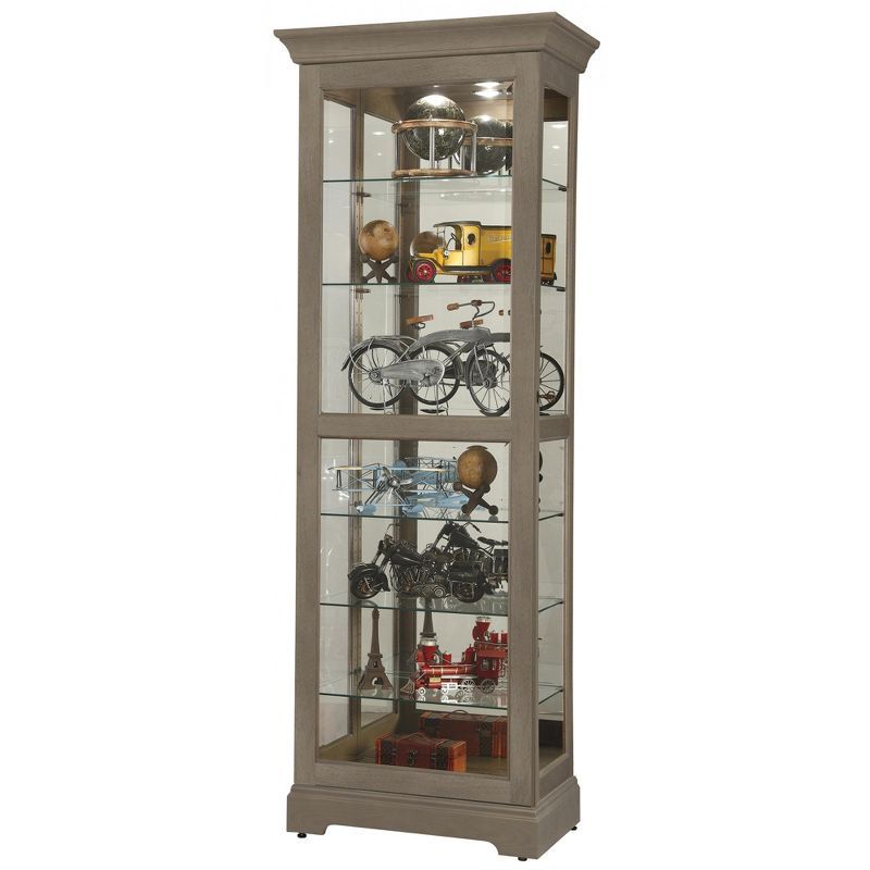 Aged Gray Lighted Glass Curio Cabinet with Adjustable Shelves