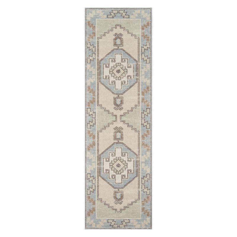 Light Blue Wool Blend Medallion Runner Rug 2'3" x 7'6"