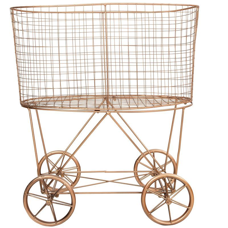 Bronze Metal Vintage Rolling Laundry Basket with Wheels