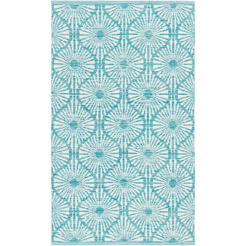 Aqua and Ivory Hand Woven Cotton Area Rug, 3' x 5'
