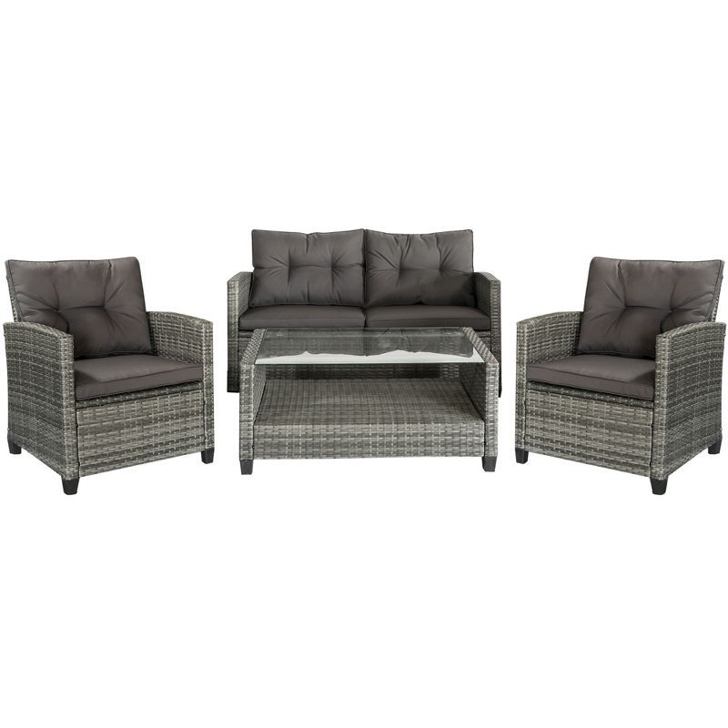 Charcoal Gray Wicker 4-Piece Patio Set with Cushions and Glass Coffee Table