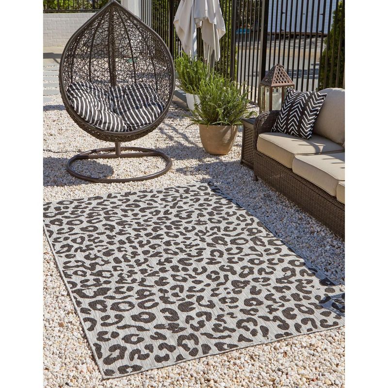 Light Gray and Black Leopard Print Outdoor Synthetic Rug