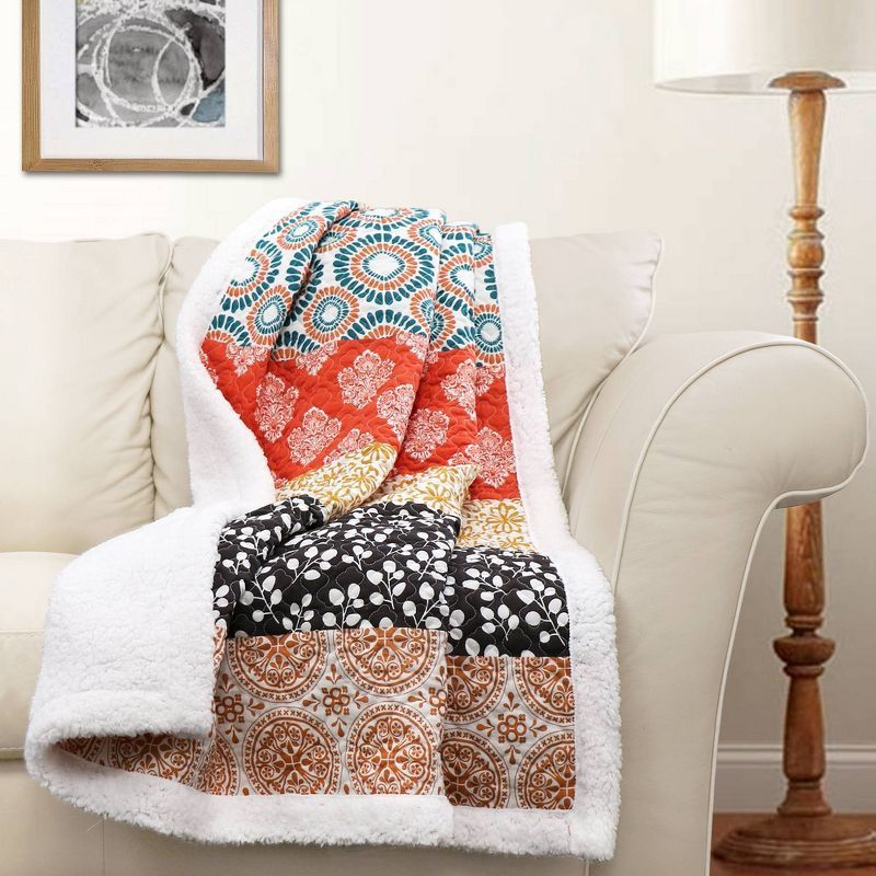 Bohemian Stripe Turquoise and Orange Cotton Sherpa Throw Blanket