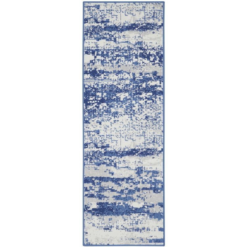 Ivory and Navy Abstract Synthetic Runner Rug