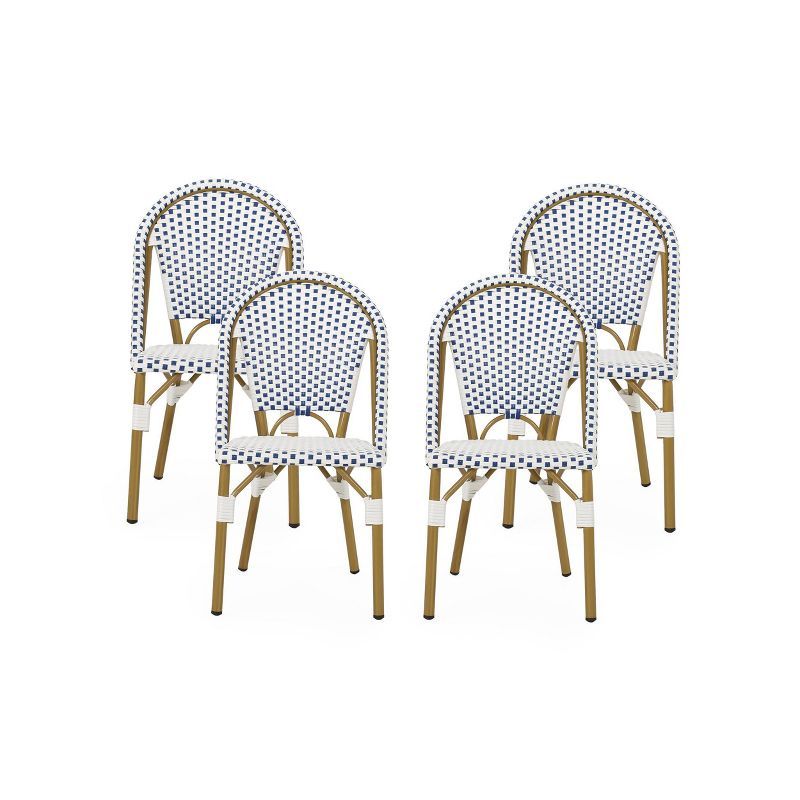 Set of 4 Blue and White Bamboo Print Armless Bistro Chairs