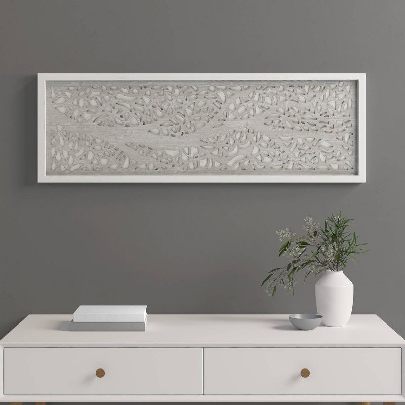 Gray Botanical Carved Wood Wall Decor Panel with Whitewashed Frame