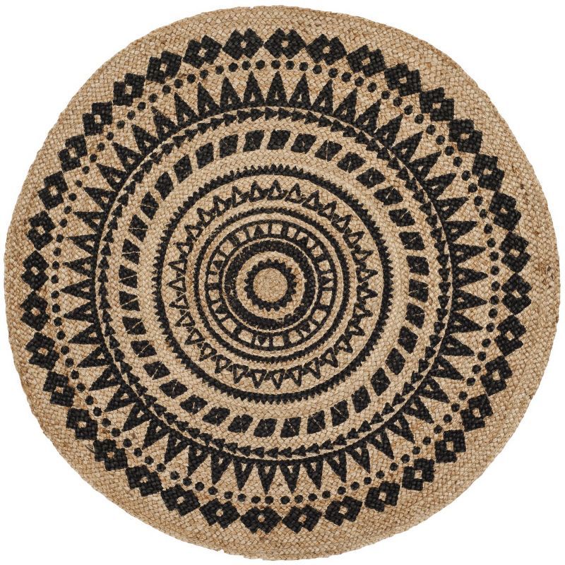 Boho-Chic Black and Natural 5' Round Hand-Woven Jute Area Rug