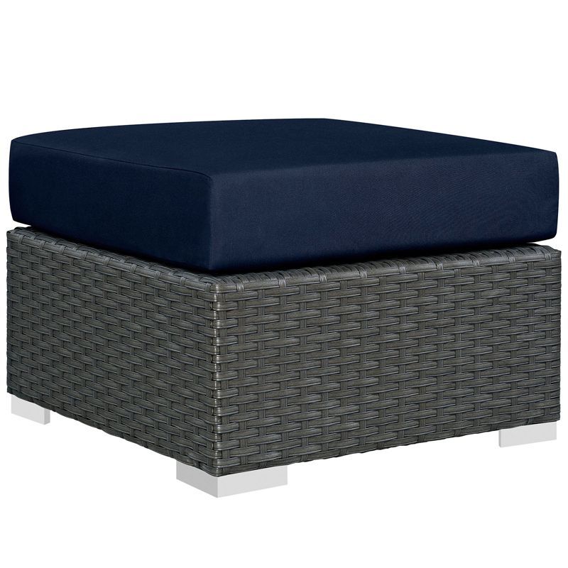 Navy Square Sunbrella Fabric Outdoor Ottoman with Synthetic Rattan