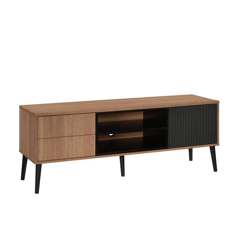 Serene Walnut and Black Modern TV Credenza with Cabinet