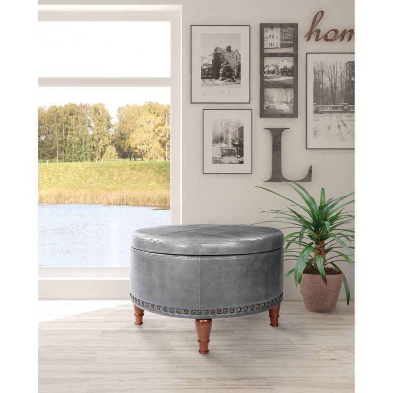 29" Round Pewter Faux Leather Storage Ottoman with Tray