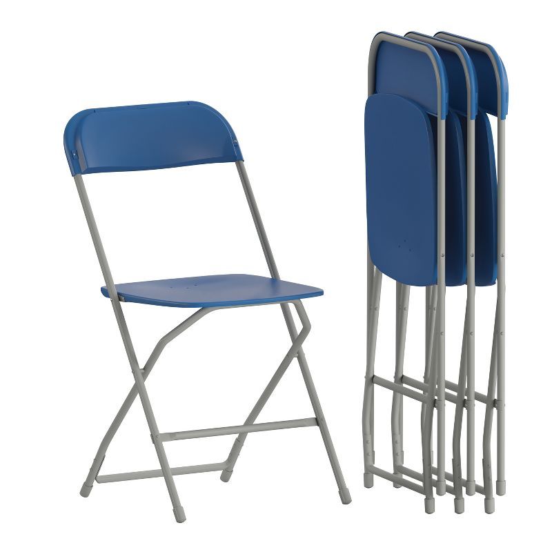 Blue Plastic Armless Folding Chairs with Gray Frame, 4 Pack