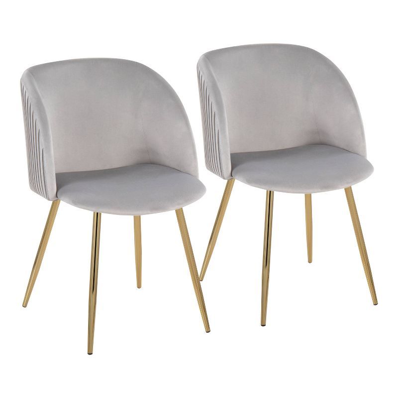 Set of 2 Silver Velvet and Gold Metal Dining Chairs