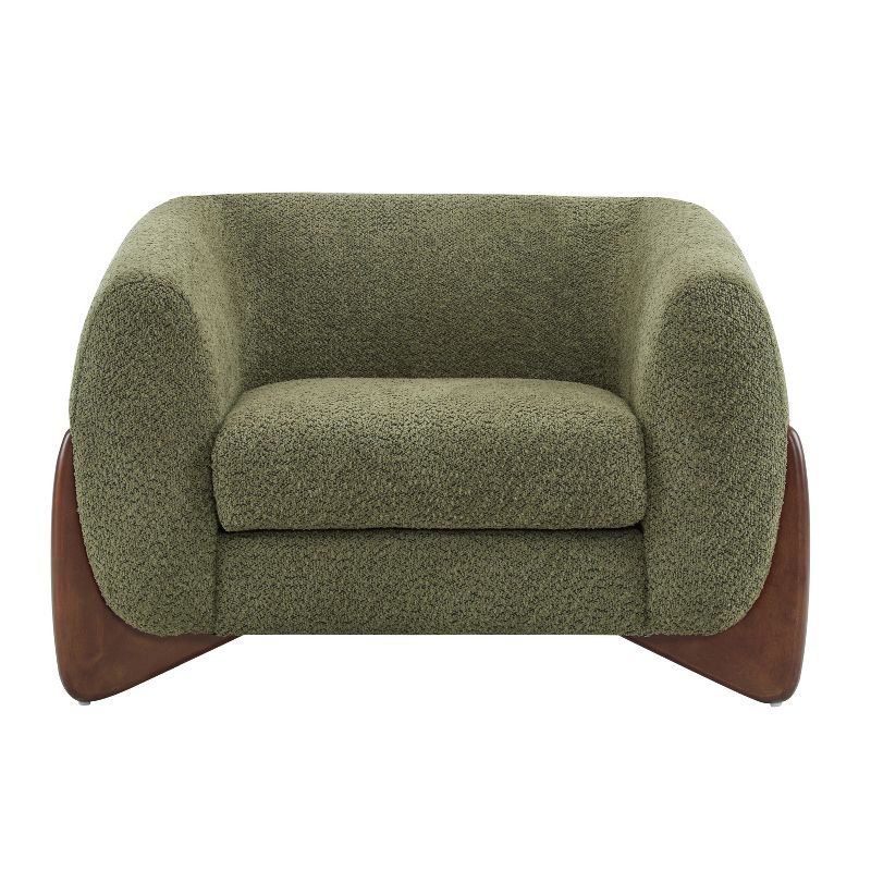 Olive Green Boucle Upholstered Barrel Accent Chair with Birch Wood Legs