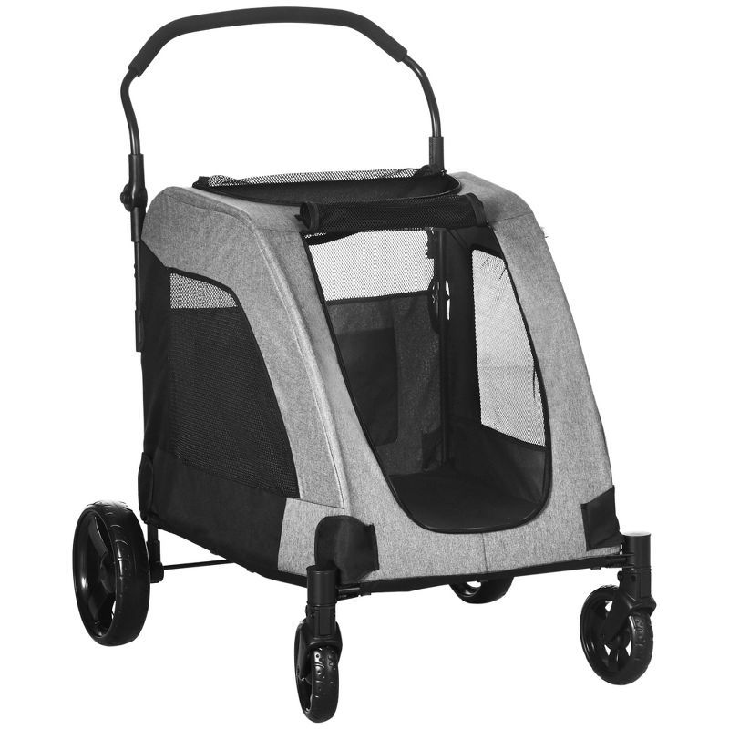 Gray Foldable Pet Stroller with Storage Basket for Medium Dogs