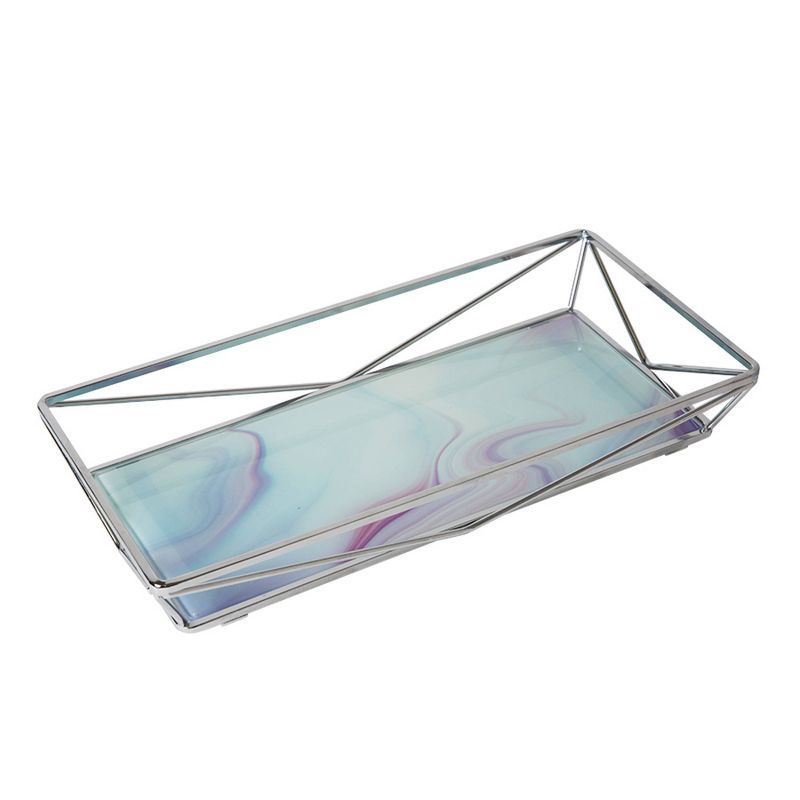 Elegant Metallic Chrome Geometric Vanity Tray with Tempered Glass Agate Design