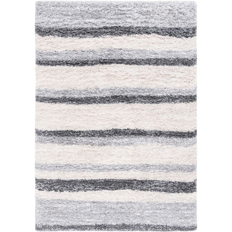 Ivory and Grey Striped Synthetic Shag Area Rug