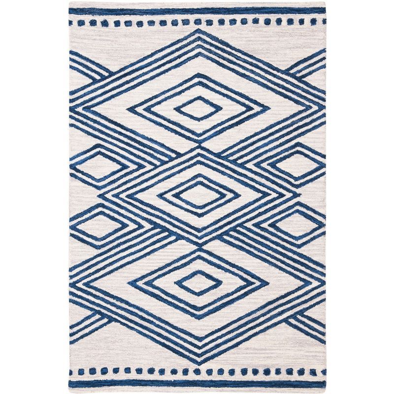 Ivory and Navy Geometric Wool Hand-Tufted 4' x 6' Area Rug