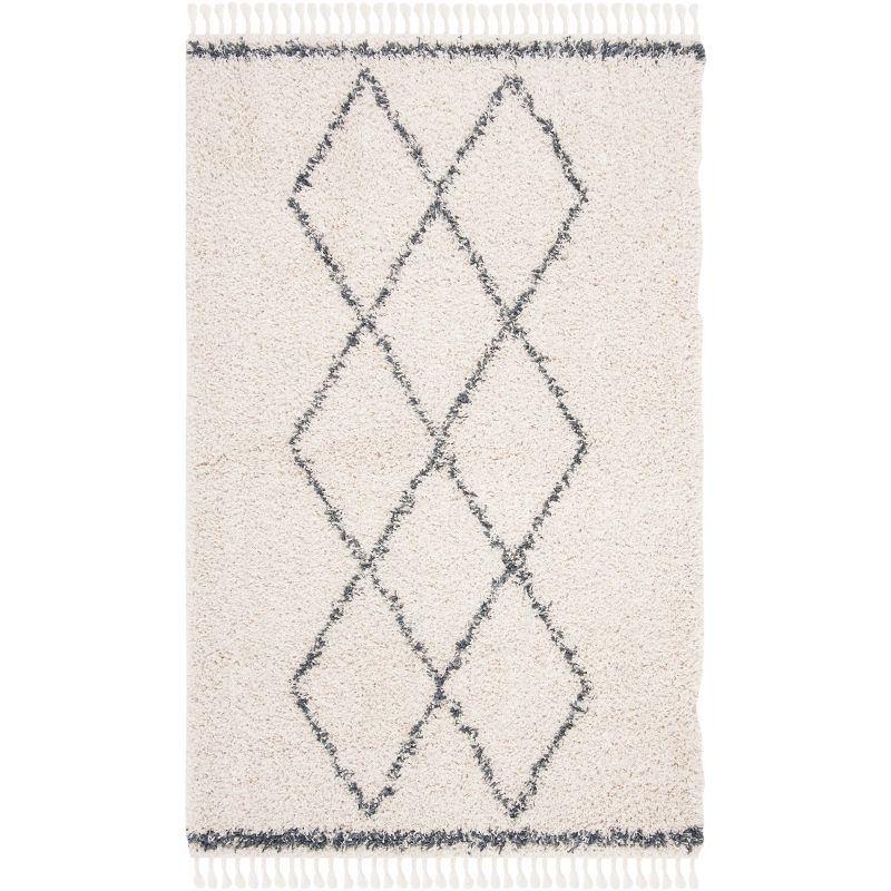 Off-White Geometric Hand-Knotted Shag Area Rug