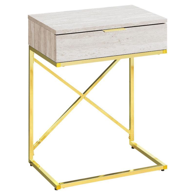 Beige Marble and Gold Metal Nightstand with Storage Drawer