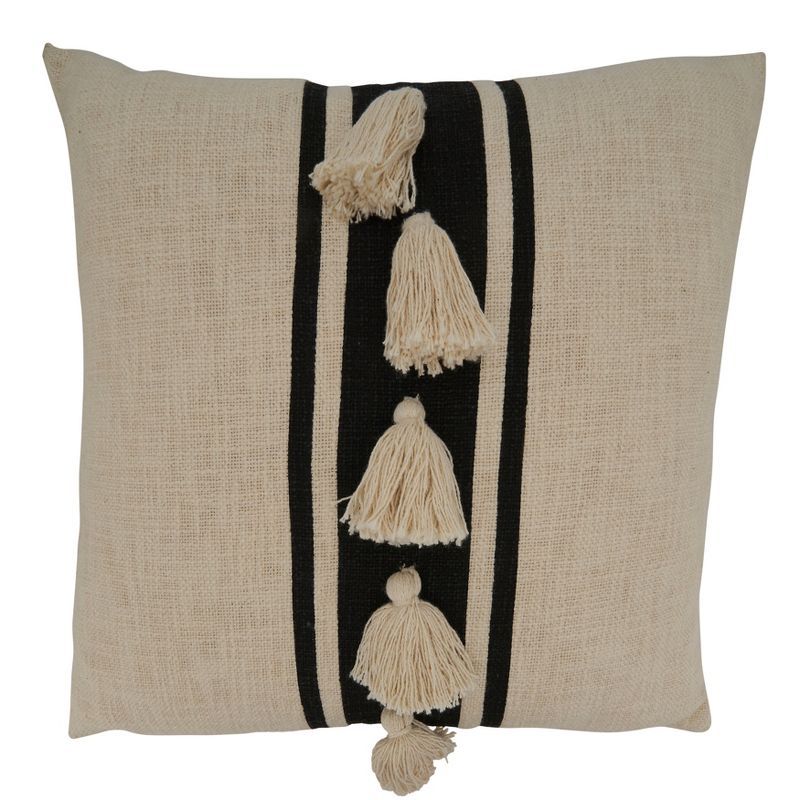 Beige and Black Striped Tassel Square Throw Pillow