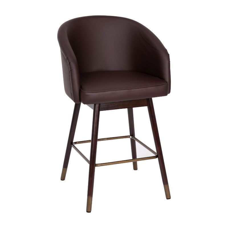 Walnut Finish Mid-Back Barstool with Brown LeatherSoft and Bronze Accents