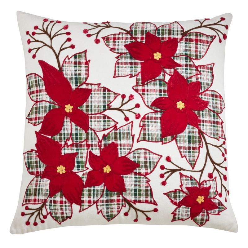 Red and Plaid Poinsettia 20" Decorative Pillow Cover