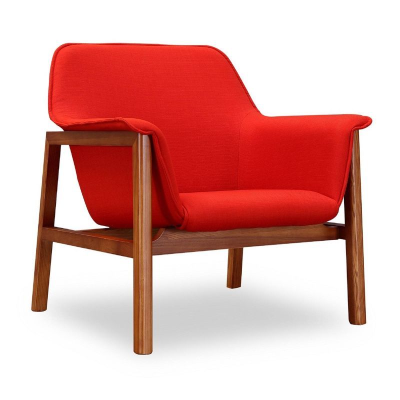 Burnt Orange Linen and Walnut Wood Mid-Century Accent Chair