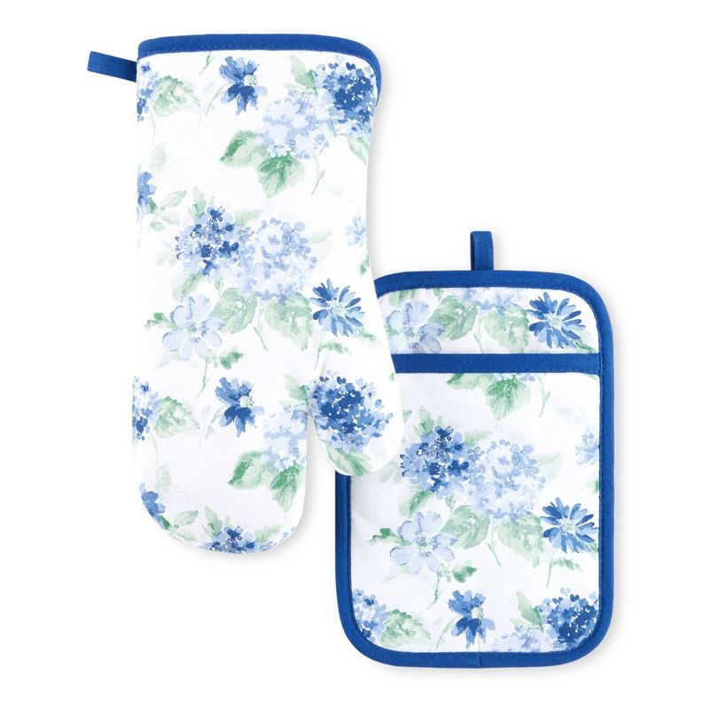 Blue Green Floral Cotton Oven Mitt and Pot Holder Set