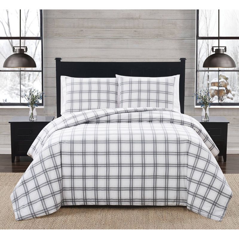 King Gray Plaid Cotton Flannel Duvet and Sham Set