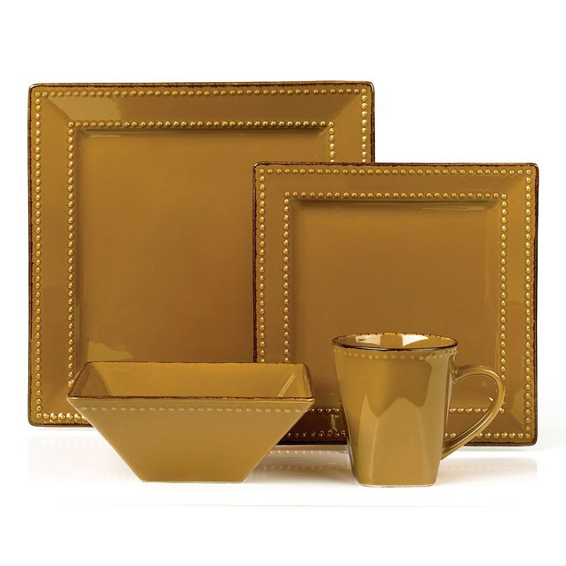 Mocca Brown Ceramic Square Beaded Dinnerware Set, Service for 4