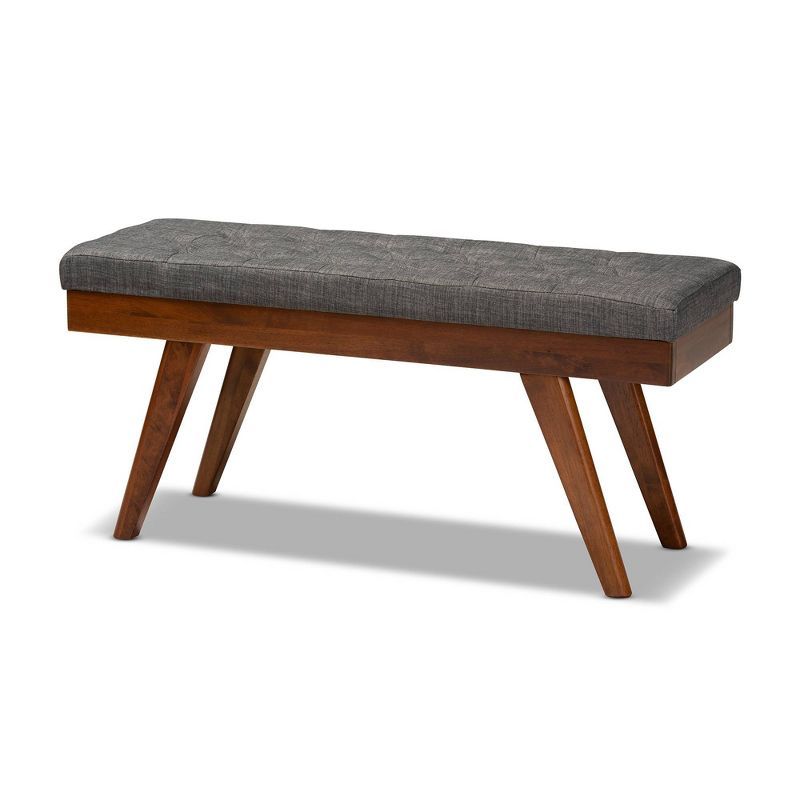 Alona Mid-Century Grey Fabric and Walnut Wood Dining Bench