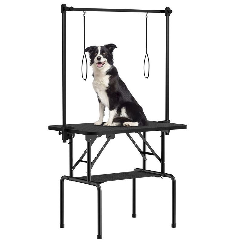 36 Inch Black Foldable Dog Grooming Table with Adjustable Arm and Mesh Tray