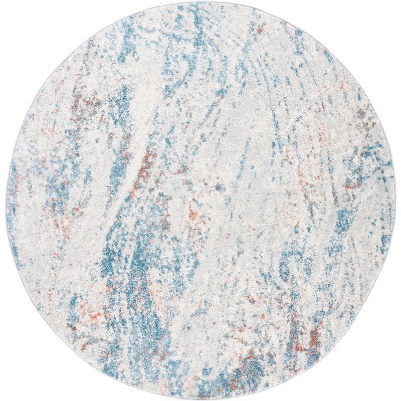 Ivory and Blue Round Abstract Hand-knotted Rug