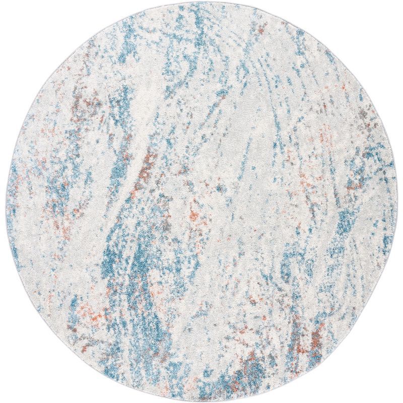 Ivory and Blue Abstract Round Synthetic Area Rug