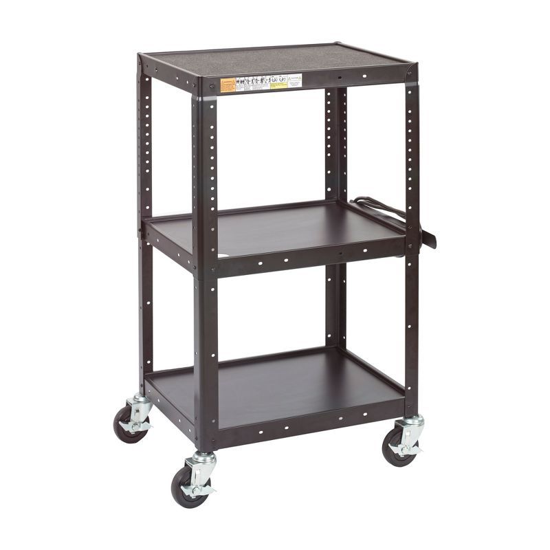 Black Alloy Steel Rolling AV Media Cart with Adjustable Shelves