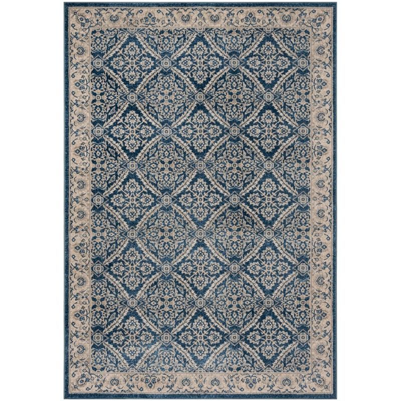 Navy and Cream Synthetic Bohemian Area Rug with Border Embellishment