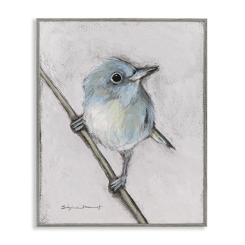 Gray Framed Wildlife Perched Bird Painting 16 x 20