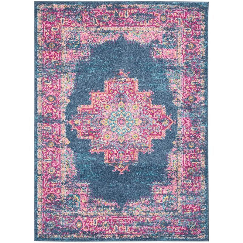 Traditional Floral Blue Synthetic 5' x 7' Easy-Care Area Rug