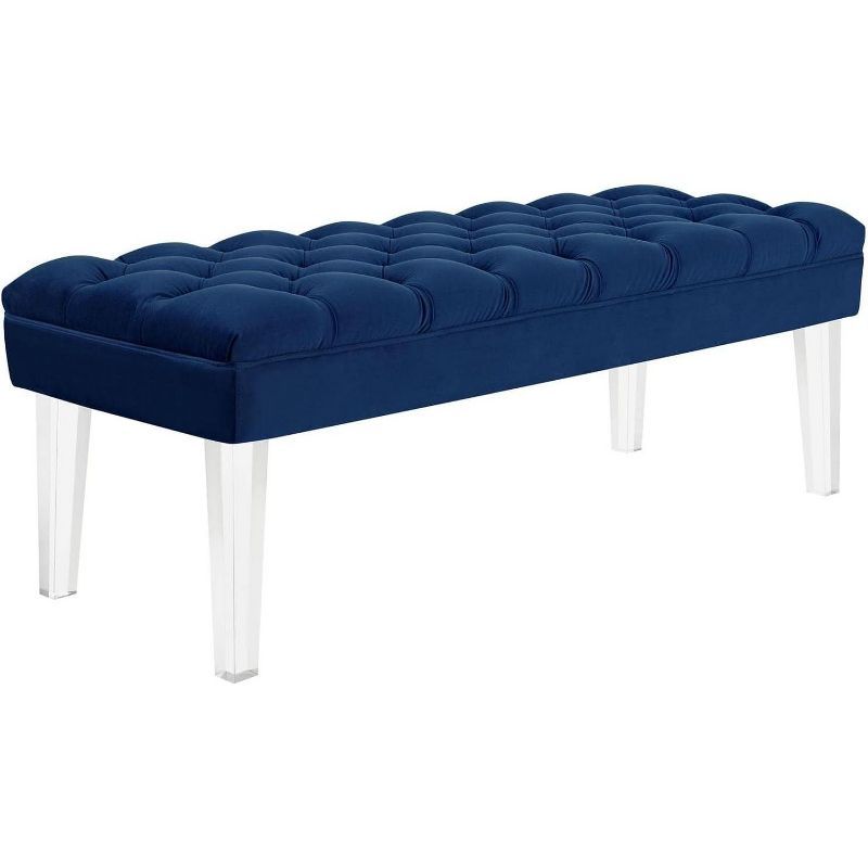 Navy Velvet Tufted Bench with Tapered Acrylic Legs